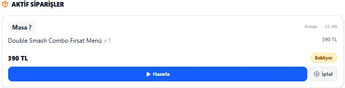 Restoran yönetim paneli — aktif siparişler listesi