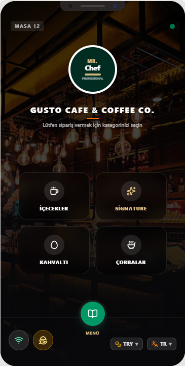 Gusto Cafe demo menüsü — kategori seçimi, masa 12 ve mobil QR menü arayüzü